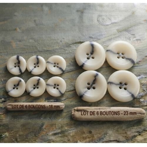 Lot de 6 boutons blanc cassé marbré à 4 trous – 18 mm ou 23 mm