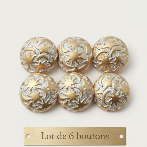 Lot de 6 boutons acrylique composé blanc et or motif céleste – 18 mm