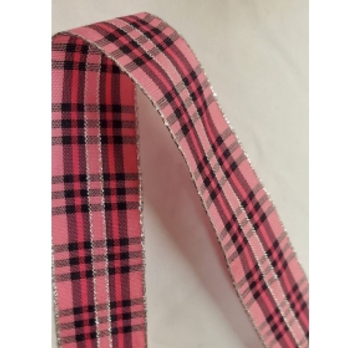 Nouveau ruban fantaisie réversible carreau rose lurex argent, 25 mm