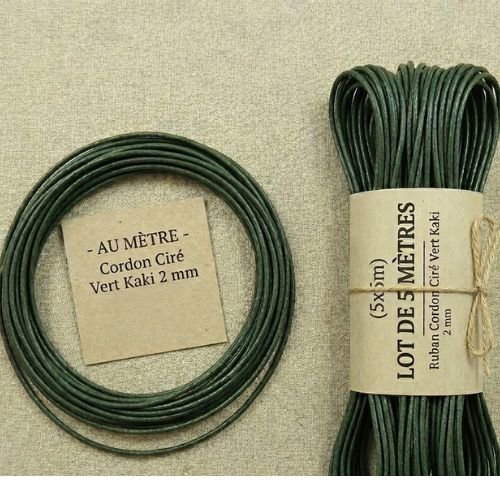 Cordon ciré vert kaki 2 mm – vendu au mètre ou en lot de 5 mètres