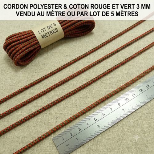Cordon polycoton rouge & vert 3 mm – vendu au mètre ou en lot de 5 mètres
