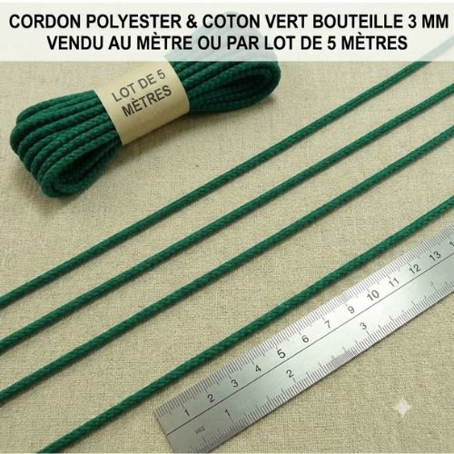 Cordon polycoton vert bouteille 3 mm – vendu au mètre ou par lot de 5 mètres