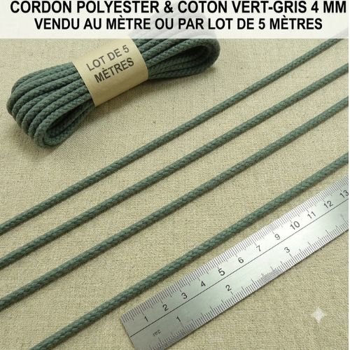 Cordon polycoton vert-gris 4 mm – vendu au mètre ou par lot de 5 mètres