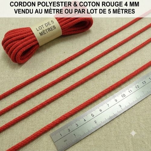 Cordon polycoton rouge 4 mm – vendu au mètre ou par lot de 5 mètres