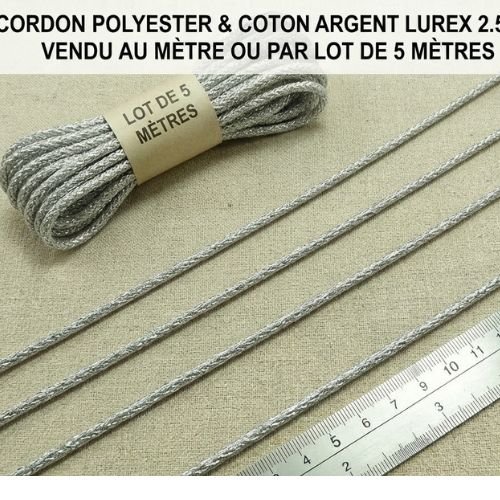 Cordon polycoton argent lurex 2.5 mm – vendu au mètre ou par lot de 5 mètres