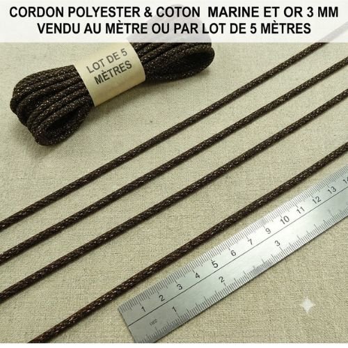 Cordon polycoton marine et or 3 mm – vendu au mètre ou par lot de 5 mètres