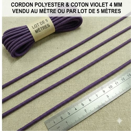 Cordon polycoton violet 4 mm – vendu au mètre ou par lot de 5 mètres