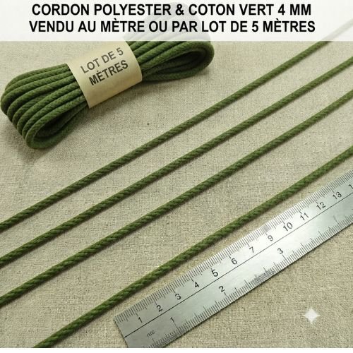 Cordon polycoton vert 4 mm – vendu au mètre ou par lot de 5 mètres