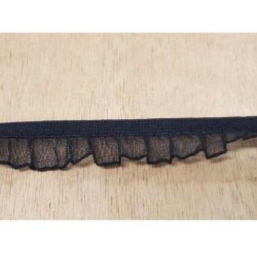 Ruban fantaisie froncé sur voile élastique noir , 1.5 cm
