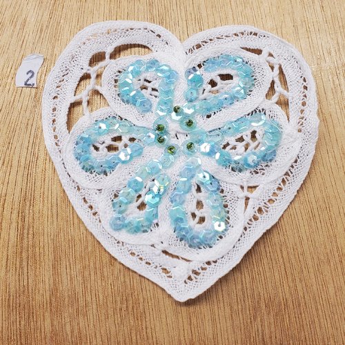 Écusson à coudre motif coeur blanc & bleu turquoise, 10 cm