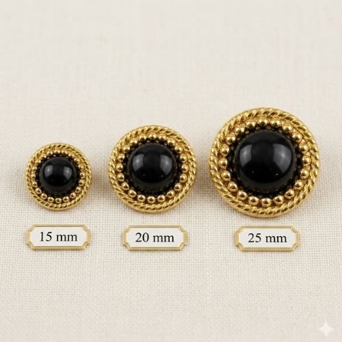 Bouton / bijou acrylique noir & bordure dorée torsadée – 15 / 20 / 25 mm