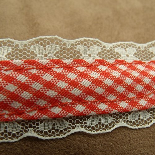 Ruban fantaisie vichy rose sur dentelle blanche,3 cm, idéal pour customiser , vêtements , sac, pochette
