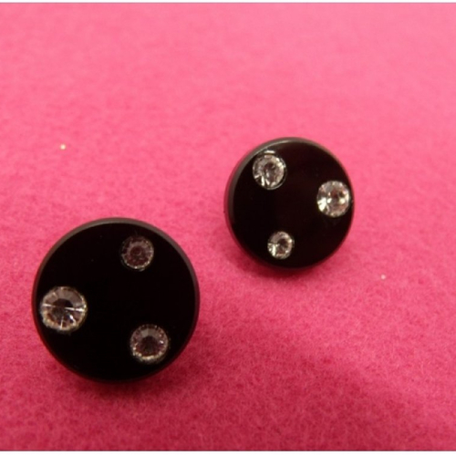 Bouton à queue noir acrylique 3 strass à coudre ,pour décorer vêtement, chapeaux, chaussure,15 mm