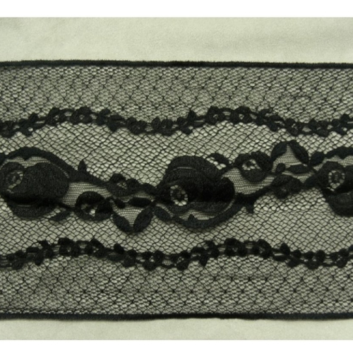 Dentelle de calais stretch plumetis central et bordures dentelé noire,17 cm, de fabrication française