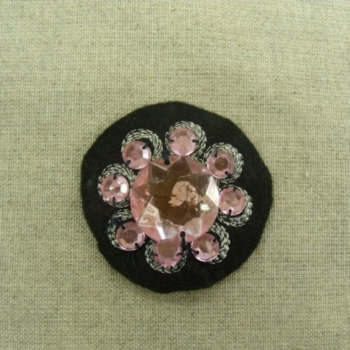 Ecusson rosace à coudre noir motif strass rose ,5 cm
