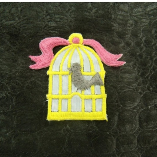 Ecusson à coudre motif: cage a oiseau- gris jaune et rose , largeur 3cm sur hauteur 4cm