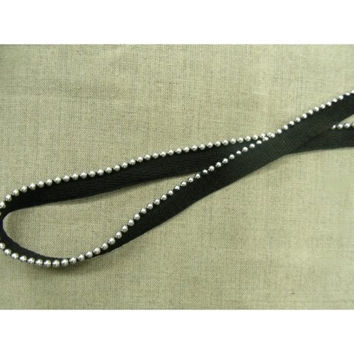 Ruban passepoil coton & métal noir perlé argent,1.2 cm