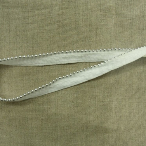 Ruban passepoil coton et métal blanc perlé argent ,1.5 cm