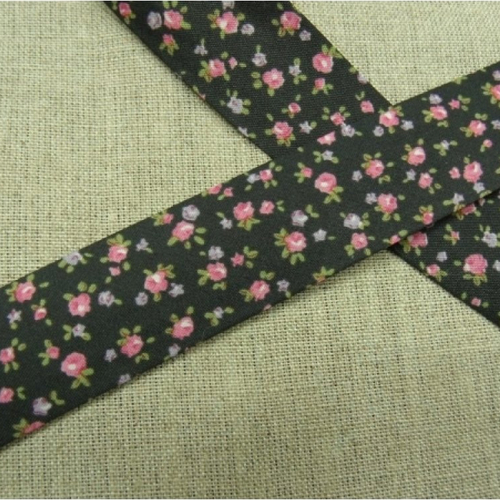 Biais  liberty coton ou polyester rond noir & fleurs rose,25 mm