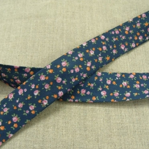 Biais liberty a fleurs coton ou polyester rose & orange fond bleu marine 25 mm