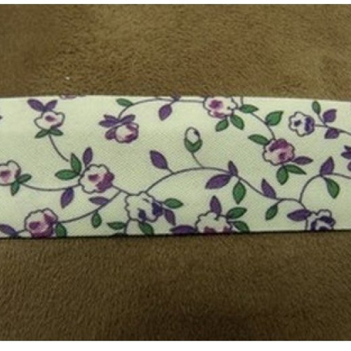 Biais liberty coton ou polyester fond blanc & fleurs violet & vert ,25 mm