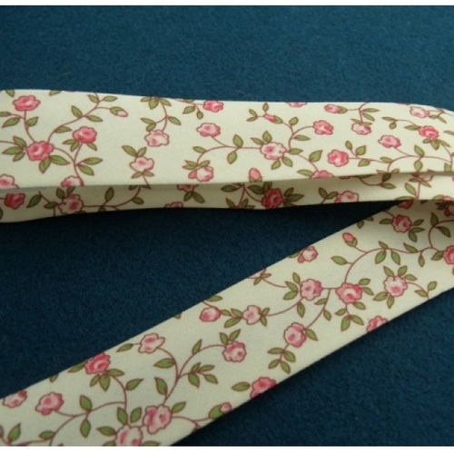 Biais liberty  coton ou polyester fond blanc & fleurs rose et verte ,25 mm