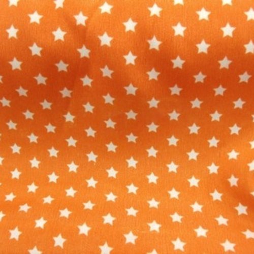 Tissu crêpe orange motif étoile blanche,largeur 150 cm / etoile de 8 millimètre