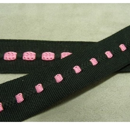 Ruban sangle  rose sur fond noir,2.5 cm, sangle entrelacée de fils coton couleur rose