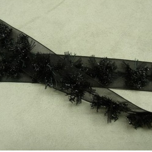Ruban organza motif fleur en relief -noir , 25 mm, de belle qualité