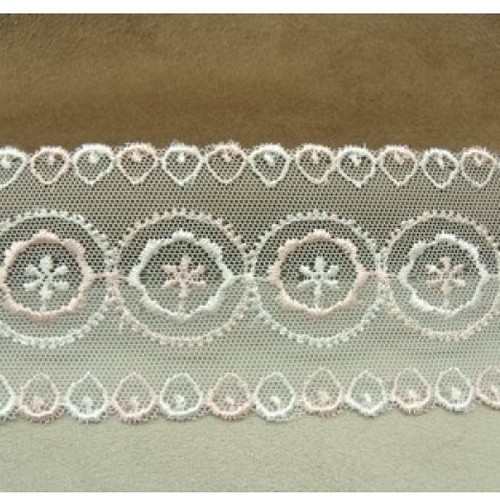 Ruban brodé  sur tulle- rose & blanc 55 mm