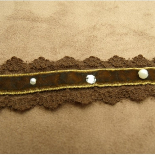 Ruban brodé velours marron avec strass et perlé, 25 mm