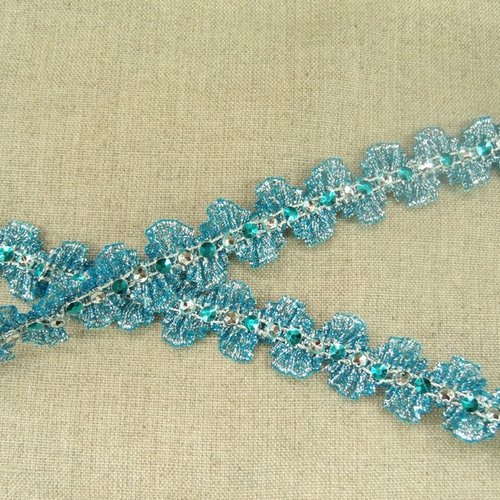 Ruban pailleté scintillant polyester strass serpenté bleu turquoise, 20 mm