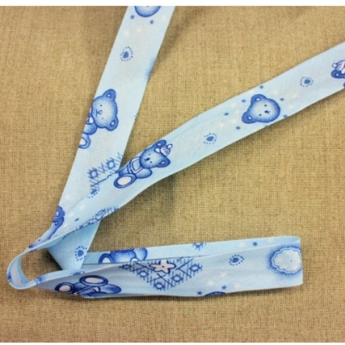 Ruban biais enfant coton motif nounours bleu,25 mm
