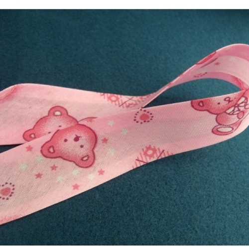 Ruban biais enfants coton fleur rose motif nounours,25 mm