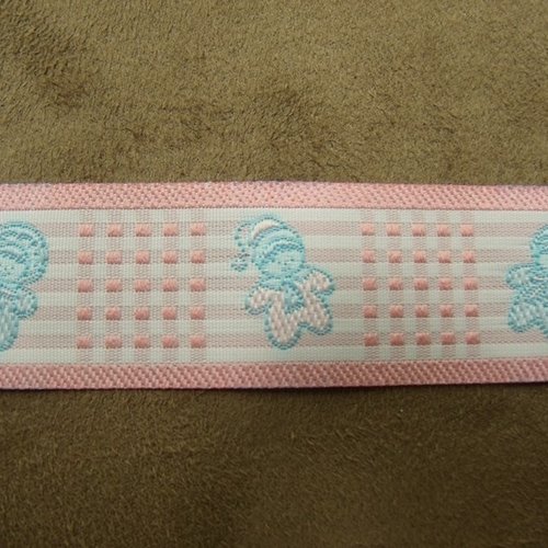 Ruban coton motif petit bonhommes rose ,2,5 cm