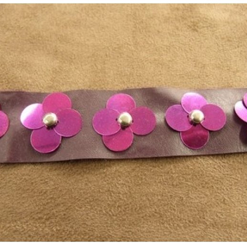 Ruban simili cuir / skai en sequin avec fleurs violet , 25 mm