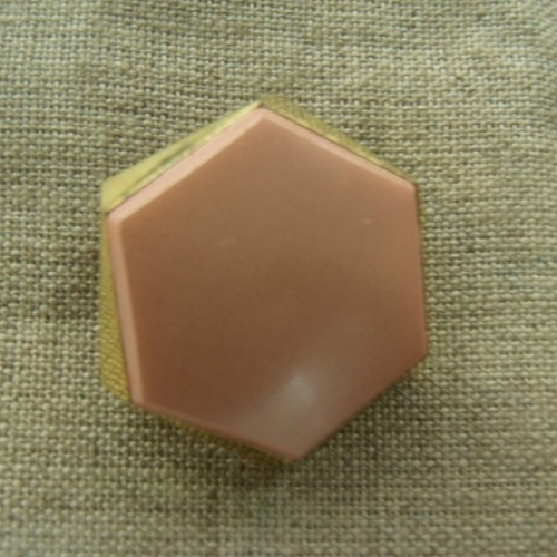 Bouton acrylique garni métal hexagonale rose et or,à queue,de belle qualité,25 mm