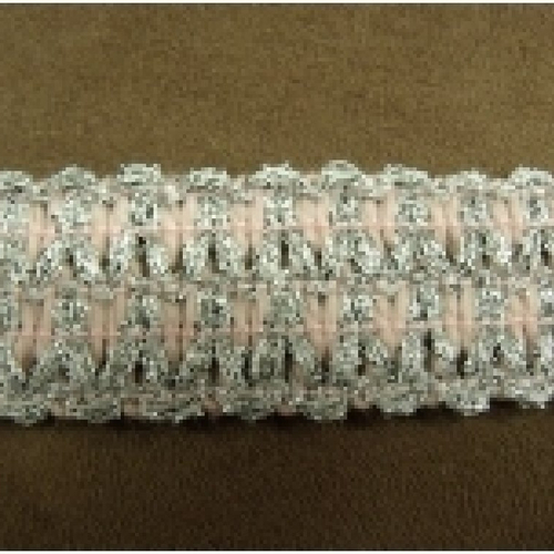 Ruban fantaisie polyester et coton rose garnit lurex argent ,3 cm