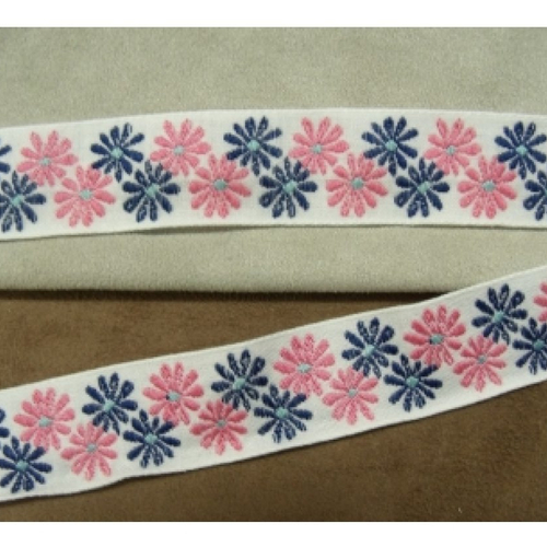 Ruban fantaisie motif fleurs rose et bleu sur fond blanc 2.5 cm
