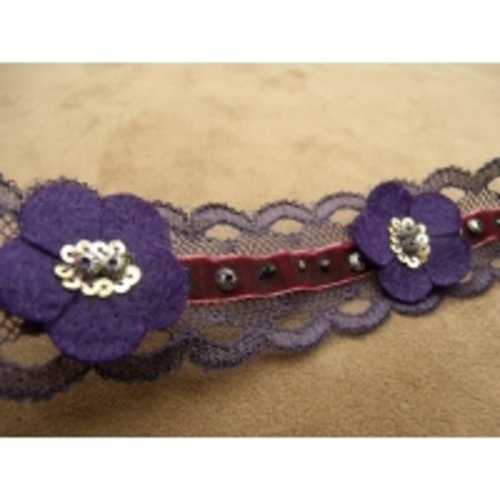 Ruban fantaisie violet garni de perle, strass, sequin, 3.5 cm