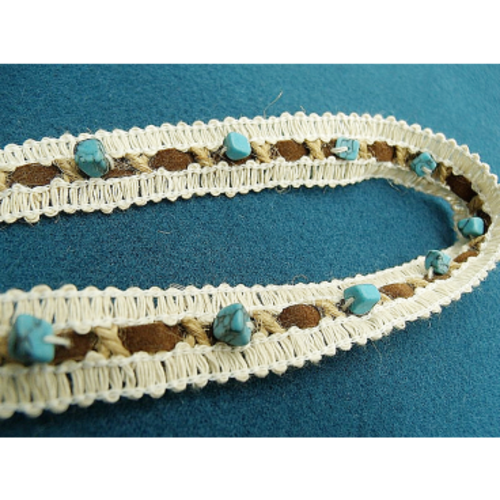Ruban perlé turquoise sur fond blanc,1.5 cm
