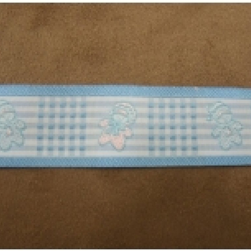 Ruban coton motif enfant bleu ,2,5 cm, motif petits bonhommes