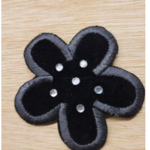 Écusson thermocollant noir motif fleur avec strass, 7 cm