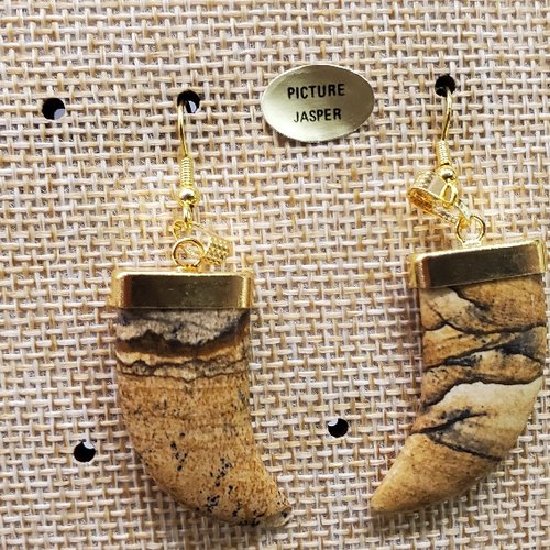Joli paire de boucle d'oreille motif corne pendentif en pierre naturelle et pierre semi précieuse picture jasper