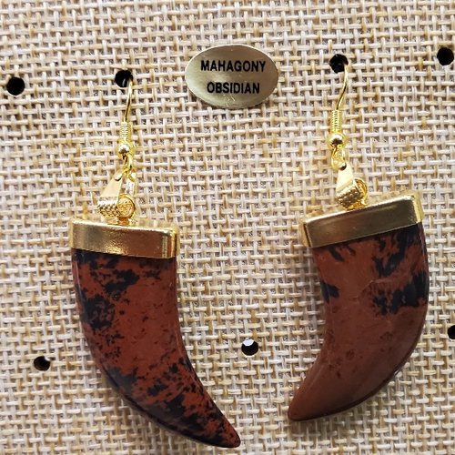 Joli paire de boucle d'oreille motif corne pendentif en pierre naturelle et pierre semi précieuse mahagony obsidian