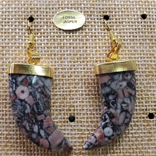 Joli paire de boucle d'oreille motif corne  pendentif en pierre naturelle et pierre semi précieuse fossil jasper