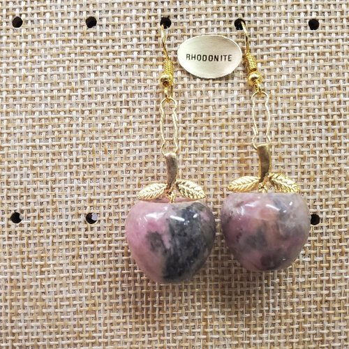 Joli paire de boucle d'oreille motif pomme  pendentif en pierre naturelle et pierre semi précieuse rhodonite