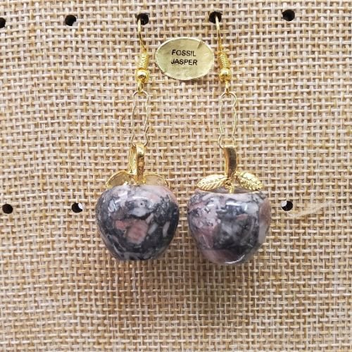 Joli paire de boucle d'oreille motif pomme  pendentif en pierre naturelle et pierre semi précieuse fossil japser