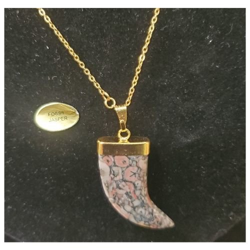 Collier avec chainette métal doré motif corne en pierre naturelle fossil jasper