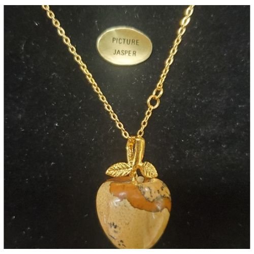 Collier avec chainette métal doré motif pomme en pierre naturelle picture jasper